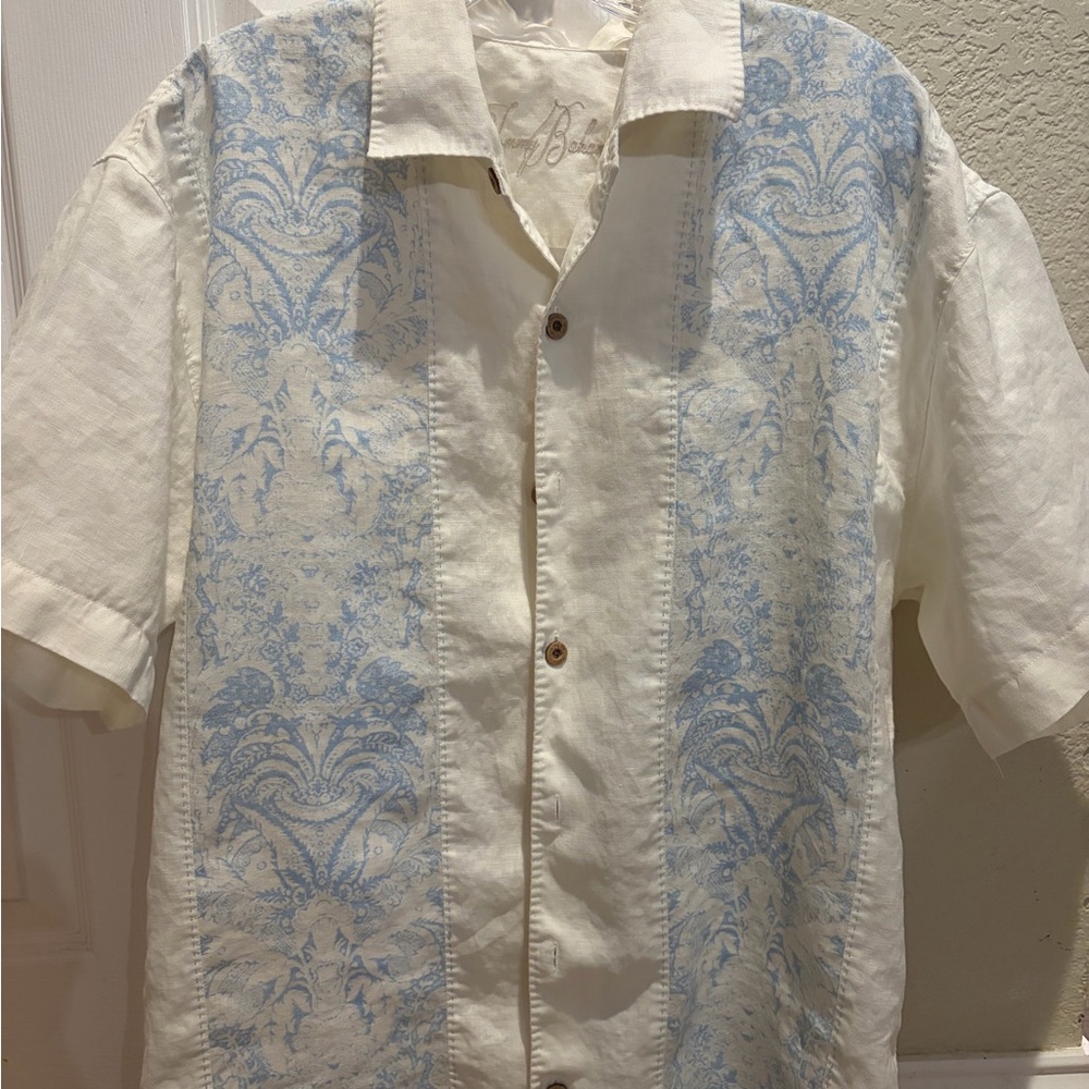 Tommy Bahama Linen Cream and Blue Patterned Shirt